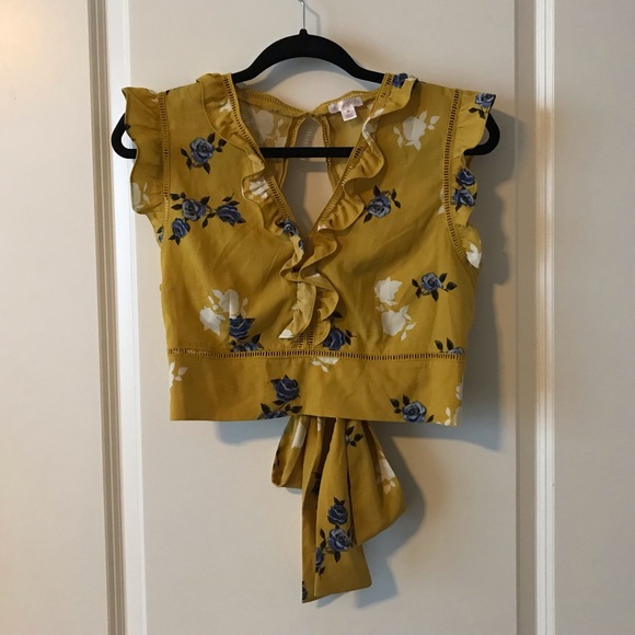 Xhilaration Tops - Yellow Floral Ruffle Crop Top